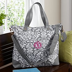 Gray Damask Embroidered  Tote Bag